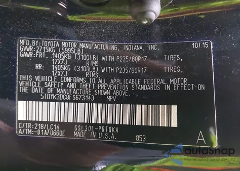 2015 Toyota Sienna Xle 8 Passenger z USA, uszkodzony, nr VIN 5TDYK3DC8FS673143